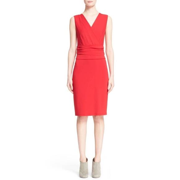 $695 MaxMara Siren Red Ruched Vneck Jersey Lusso Sheath Dress 42 US 8 NEW - Picture 1 of 16